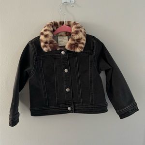 Toddler Black Denim Jacket With Leopard Faux Fur Collar